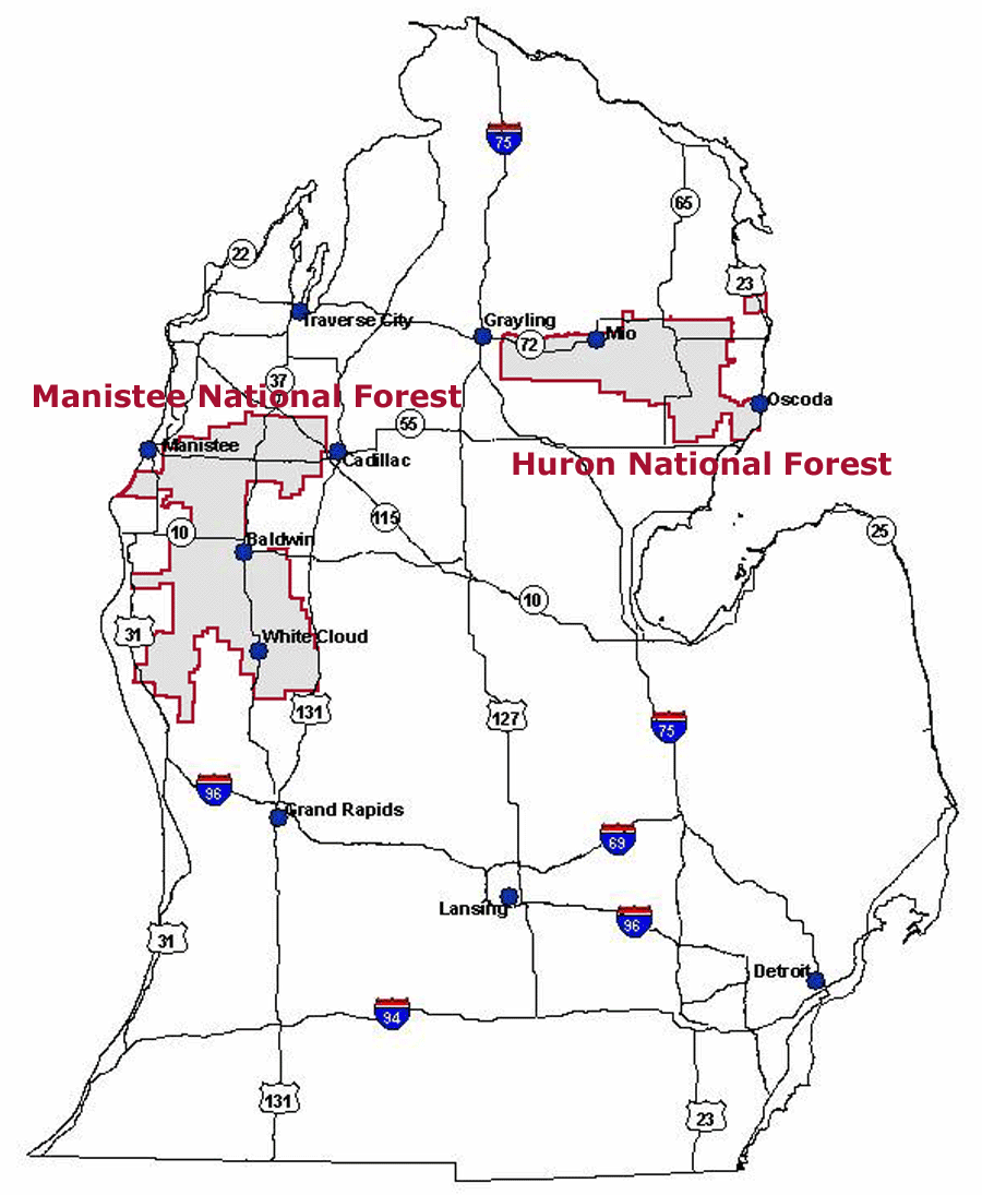location map of Manistee and Huron National Forests
