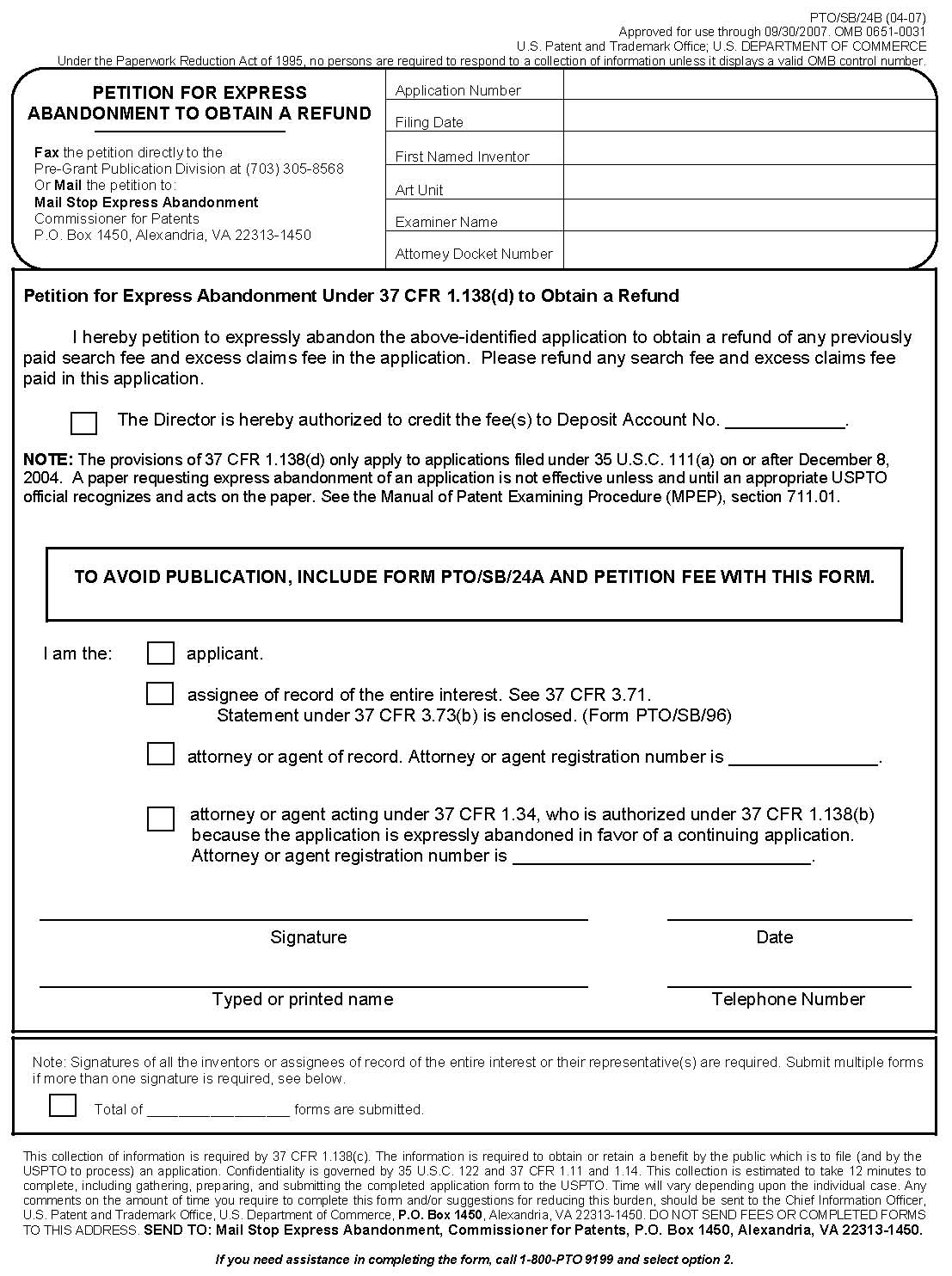 form pto/sb/24b petition for express abandonment to obtain a refund)