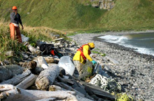 Volunteers remove derelict fishing gear that has washed ashore