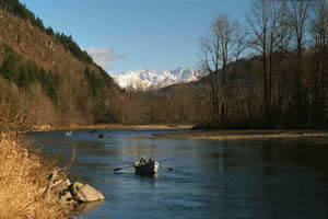 Drift boat anglers on the Skagit River in winter.