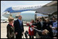 President George W. Bush and Mrs. Laura Bush talk with the media Sunday, May 11, 2008, as they prepare to depart Waco en route to Washington, D.C. Wishing all mothers a Happy Mother's Day, the President said, "This Mother's Day weekend was awfully special for Laura and me. Our little girl, Jenna, married a really good guy, Henry Hager.The President also sent his condolences to the families who lost loved ones in the tornadoes in Missouri, Oklahoma and Georgia. White House photo by Chris Greenberg