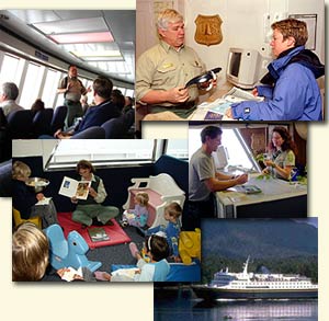 Photo montage of interpreters working with adults and children aboard Alaska ferries.