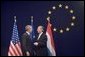 President George W. Bush meets with European Union President Jean-Claude Juncker while at the NATO Summit in Brussels Tuesday, Feb. 22, 2005. White House photo by Paul Morse