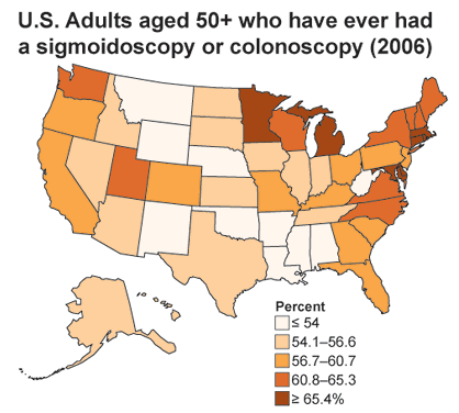 U.S. Adults aged 50+ who have ever had a sigmoidoscopy or colonoscopy (2006)