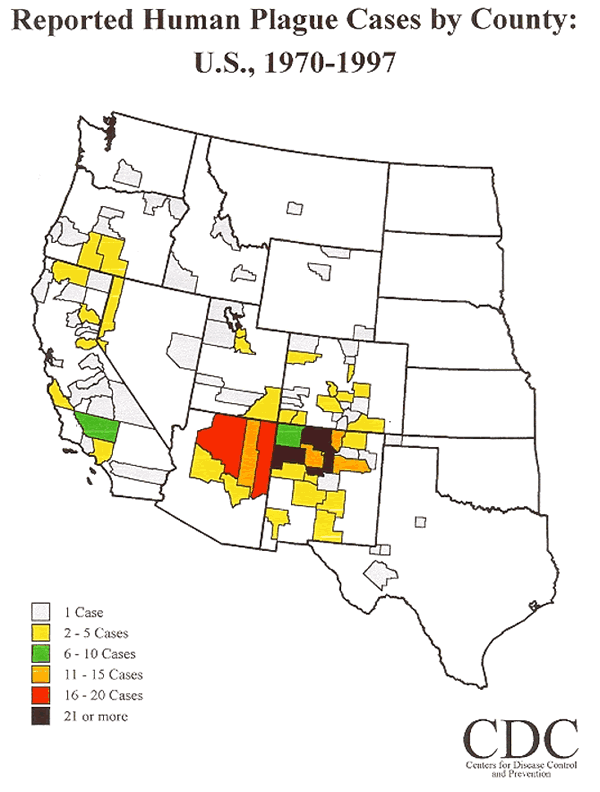 Image of map: Reported Human Plague Cases by County, U.S., 1970-1997