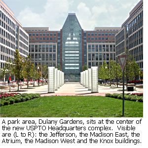 A park area, Dulany Gardens, sits at the center of the new USPTO Headquarters complex.  Visible are (L to R): the Jefferson, the Madison East, The Atrium, the Madison West and the Knox buildings.