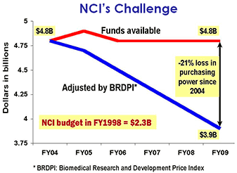 Line chart compares funds available to NCI for fiscal years 2004-2009 to funds available to NCI over the same period adjusted according to the Biomedical Research and Development Price Index.  The data indicate a steady drop in NCI's purchasing power since 2004.