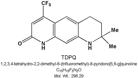 Figure 1: Chemical structure of the non-steroidal androgen receptor (AR) modulator TDPQ.  Its absorbance maximum (380 nm) and strong fluorescence emission maximum at 460 nm allowed construction of a customized filter set for the Zeiss Axiovert microscope. Upon irradiation at 405 nm the compound also exhibits rearrangement to an excited triplet state, able to react with O2 to produce singlet oxygen with modest yield (7%) as evidenced by a characteristic singlet-oxygen emission at 1270 nm.