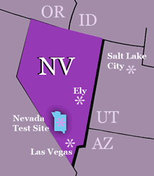 Map of Nevada shows the location of the Nevada Test Site, 65 miles northwest of Las Vegas, and the town of Ely, 245 miles north of Las Vegas.