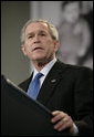 President George W. Bush delivers remarks at the United States Holocaust Memorial Museum Wednesday, April 18, 2007. Speaking on the issue of Darfur, the President told his audience, "Thanks to the efforts of people in this room, the world knows and the world sees. Now the world must act." White House photo by Eric Draper