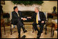 President George W. Bush and President Alan Garcia of Peru share a light moment as they shake hands during a visit Monday, April 23, 2007, in the Oval Office. In the United States to promote free trade between the countries, the Peruvian leader said, "It is important to show the world that a democracy, with investment, leads to development." White House photo by Eric Draper