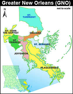 Seven NOMA Parishes:  Jefferson, Orleans, Plaquemines,  St. Bernard, St. Charles, St. John the Baptist, St. Tammany