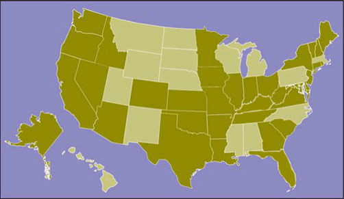 A map depicting states that do and do not currently have laws against bullying. Alabama, Florida, Hawaii, Kentucky, Massachusetts, Michigan, Mississippi, Montana, Nebraska, New Mexico, North Carolina, North Dakota, South Dakota, Pennsylvania, Utah, Wisconsin, and Wyoming do not have laws against bullying. 