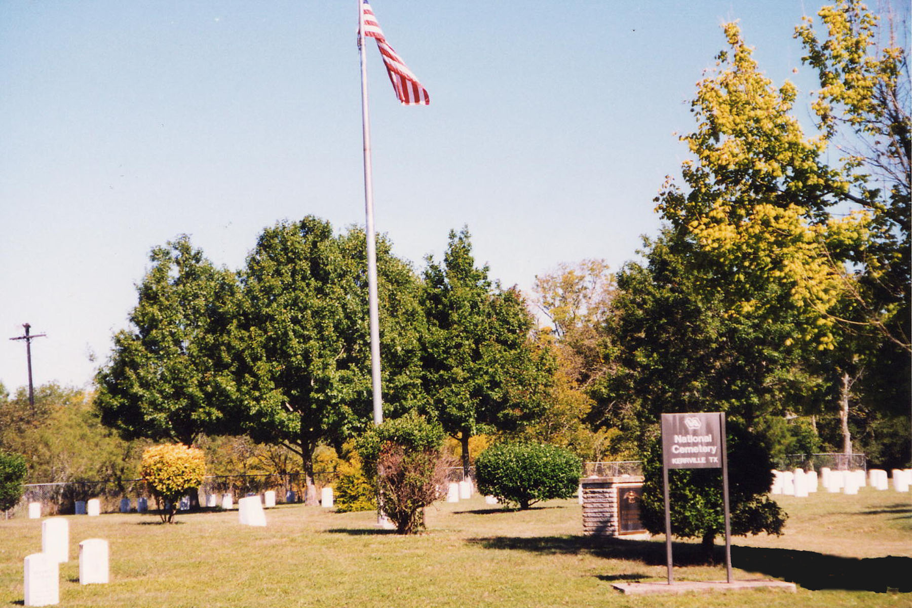 A photo of the American flag flying high in the center of the cemetery among bushes and upright markers sprinkled throughout the grounds.