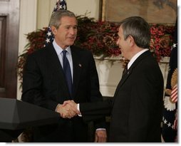 President George W. Bush greets Nebraska Governor Mike Johanns after nominating him for Secretary of Agriculture in the Roosevelt Room of the White House, Dec. 2, 2004.  White House photo by Paul Morse