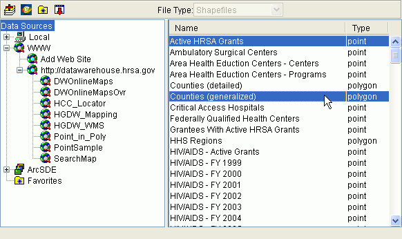 Screen shot of the Catalog tool, showing how to select and include specific map layers from an ArcIMS feature service.  Layers in an ArcIMS image service cannot be selected and added individually- you must add the entire image service.