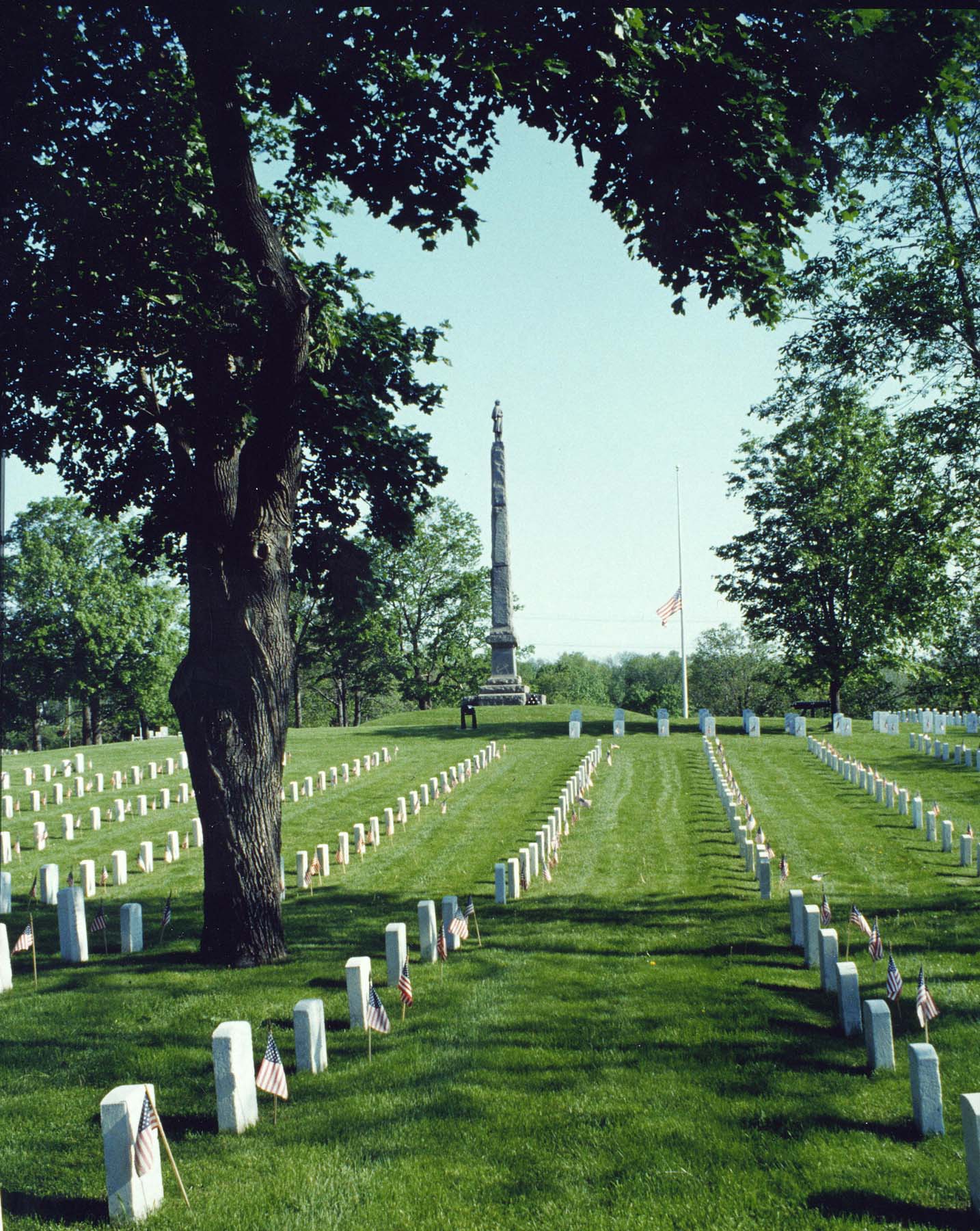 A photo of vertically aligned rows of upright markers with minature U.S. flags placed in front of each.  A tall grey-stone monument and flag flying at half staff is in the background.
