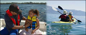 Photo Collage: A father adjusting a flotation vest on his daughter. Two people in a kayak.
