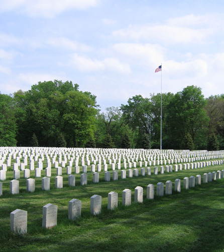 Overall view of the Rock Island Confederate Cemetery showing hundreds of Confederate headstones; just under 2,000 men are buried here in the cemetery.