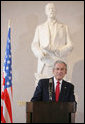 President George W. Bush listens to a reporter’s question at a joint news conference Tuesday, June 5, 2007, where he was joined by Czech President Vaclav Klaus and Czech Prime Minister Mirek Topolanek, at Prague Castle in the Czech Republic. White House photo by Chris Greenberg