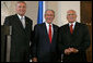 President George W. Bush stands with Czech Republic Prime Minister Mirek Topolanek and President Vaclav Klaus, right, and in Rothmayer Hall during a press conference at Prague Castle Tuesday, June 5, 2007, in Prague, Czech Republic. “In this room are dissidents and democratic activists from 17 countries on five continents. You follow different traditions, you practice different faiths, and you face different challenges,” said President Bush. “But you are united by an unwavering conviction: that freedom is the non-negotiable right of every man, woman, and child, and that the path to lasting peace in our world is liberty.” White House photo by Chris Greenberg