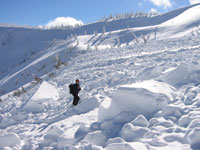 [Photo]:  Avalanche specialist surveys the site of an avalanche that claimed the lives of several people in 2002.