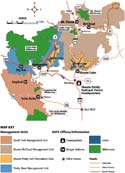 [map]. Shows the boundaries of the forest, the management units (Districts), wilderness areas, major highways and cities in the area. Select for a larger map.