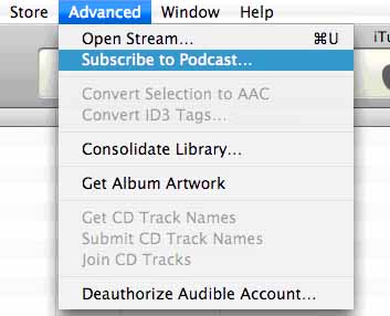 iTunes Advanced - Subscribe to Podcast menu