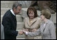 With Mrs. Lyudmila Putina looking on, Mrs. Laura Bush is greeted at Schlitz Castle by Mathias Stinnes, owner of Burg Schlitz and acting partner of the Hugo Stinnes Company, Thursday, June 7, 2007, in Hohen Demzin, Germany. The castle hotel was the sight of the official G8 spouse program. White House photo by Shealah Craighead