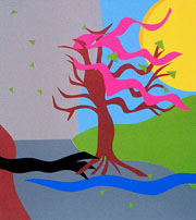 Conference artwork depicting a neuron and its interactions in bright, somewhat jarring, colors. 