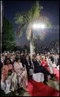 Laura Bush sits with Secretary of State Condoleezza Rice as they listen to President Bush's remarks Friday evening, March 3, 2006, in New Delhi. White House photo by Shealah Craighead