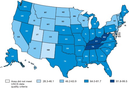 Map of the United States showing lung cancer incidence rates by state in 2004.