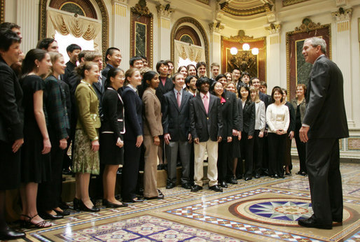 President George W. Bush speaks to finalists of the Intel Science Talent Search during their visit Monday, March 13, 2006, to the Eisenhower Executive Office Building. The finalists range in age from 16 to 18 and come from 35 schools in 19 states. White House photo by Paul Morse