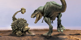 Computer generated image of Tarchia and Tarbosaurus in combat in the Gobi Desert of the Cretaceous period 80 million.