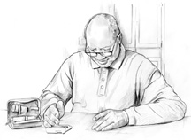 Drawing of an older man testing his blood glucose level with a blood glucose meter. He is seated at a table. The meter is on a table in front of him.