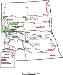 Click on to see larger view of this map of Nebraska National Forest administered areas in Nebraska and South Dakota.