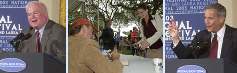 Left, author Pat Conroy recalls listening to his mother read good books; center, fans waited in long lines to have their books signed by authors such as Edgar Award-winning mystery writer James Patterson; right, Walter Isaacson discusses his book "Benjamin Franklin and the Invention of America."