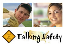 Image of a young man and a young woman text youth at work talking safety