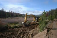 A backhoe removing road fill from a floodplain.