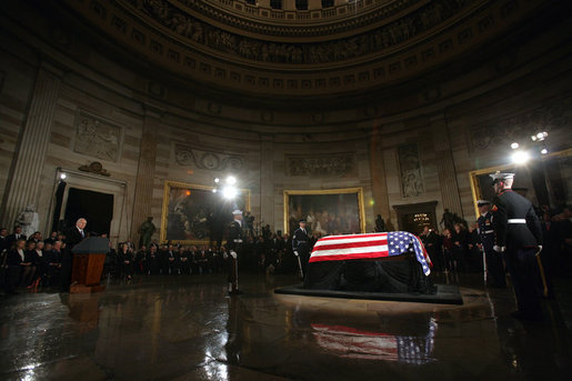 Vice President Dick Cheney delivers the eulogy for former President Gerald R. Ford during the State Funeral ceremony in the Rotunda of the U.S. Capitol, Saturday, December 30, 2006. White House photo by David Bohrer