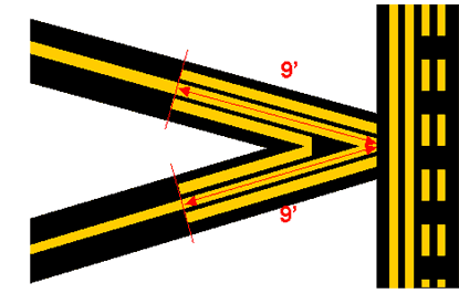 Figure 121. When two centerlines converge at or near a holding position marking, the enhancements for each centerline should be laid out separately in accordance with the procedures contained in SAMS 117 and 118. See text for more information.