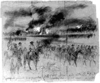 sketch of Custer's division retiring from Mount Jackson