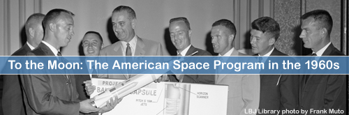 Sen. Lyndon B. Johnson posing for camera with a group of U.S. astronauts