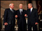 Former President Gerald R. Ford stands with his two White House Chiefs of Staff, Vice President Dick Cheney and former Defense Secretary Donald Rumsfeld, during a Gerald R. Ford Foundation awards dinner at the U.S. Capitol August 9, 2004. White House photo by David Bohrer