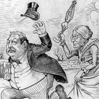 Cartoon showing President Grover Cleveland and Susan B. Anthony