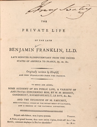 Franklin was 65 when he wrote the first part of his autobiography that focused on his early life to 1730. During the 1780s, he added three briefer parts that advanced his story to his 50th year (1756) and revised the first part. In the summer of 1790, shortly after his death, extracts of Franklin's memoirs appeared in two Philadelphia magazines, but the first book-length edition, based on a French translation, was published in 1791. The first English edition, pictured here, was published in London in 1793.