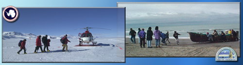 Antarctic researchers and helicopter; Native Alaskans and boat
