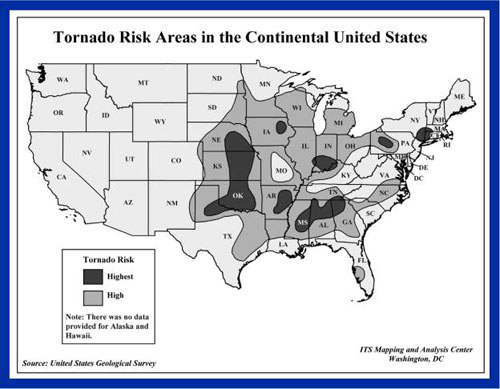 Map of tornado risk areas in the continental United States
