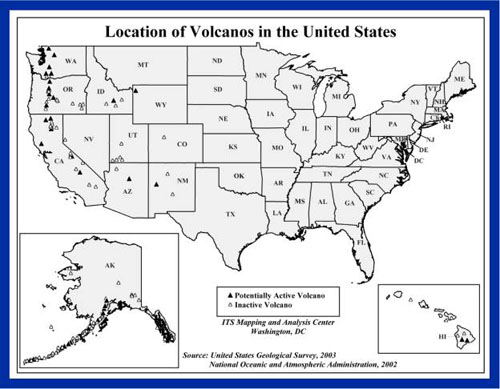 Map of volcano locations in the united states