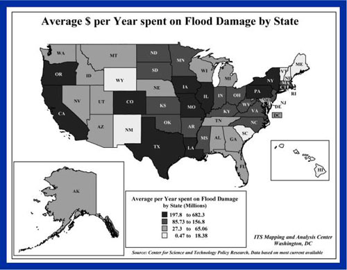 Image of flood damage by state measured in dollars per year